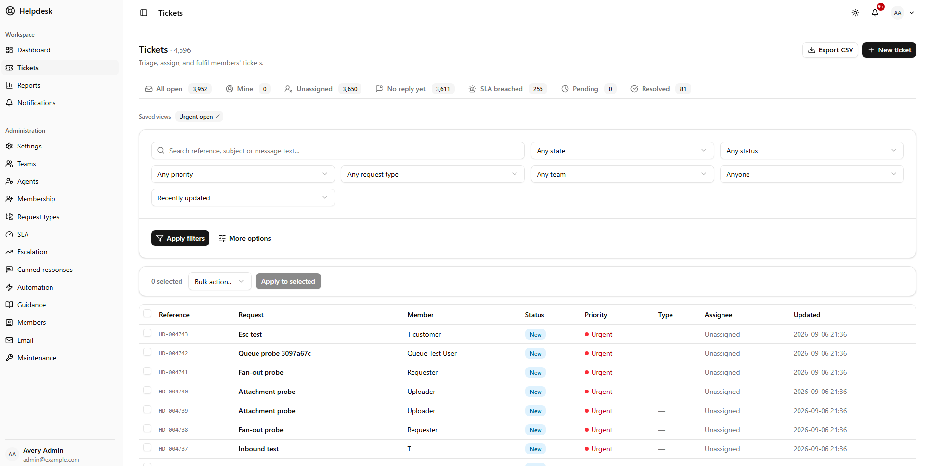 The ticket queue with a saved view applied, filters for state, priority, type and team, full-text search, and bulk actions